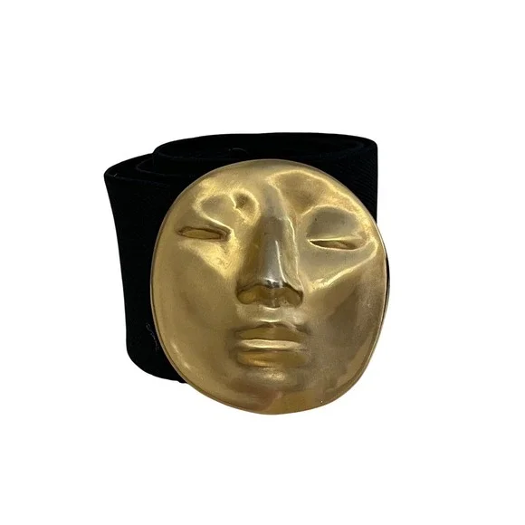 Vintage Gold Face Buckle Elastic Waist Belt Black Wide Surrealist Statement  M/L - Picture 1 of 6
